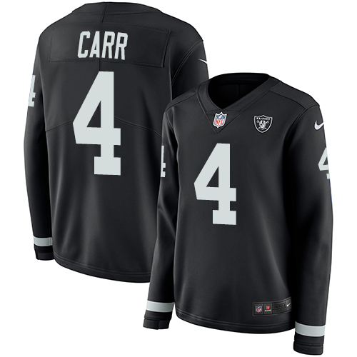 Raiders #4 Derek Carr Black Team Color Women's Stitched Limited Therma Long Sleeve Jersey