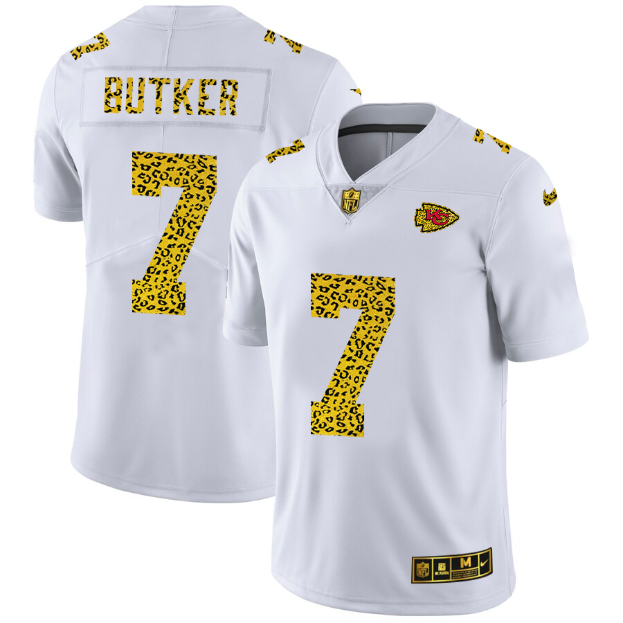 Kansas City Chiefs #7 Harrison Butker Men's Flocked Leopard Print Vapor Limited Jersey White