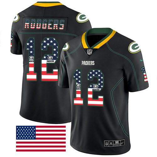 Packers #12 Aaron Rodgers Black Men's Stitched Limited Rush USA Flag Jersey