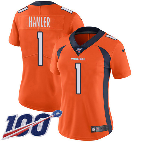 Broncos #1 KJ Hamler Orange Team Color Women's Stitched 100th Season Vapor Untouchable Limited Jersey