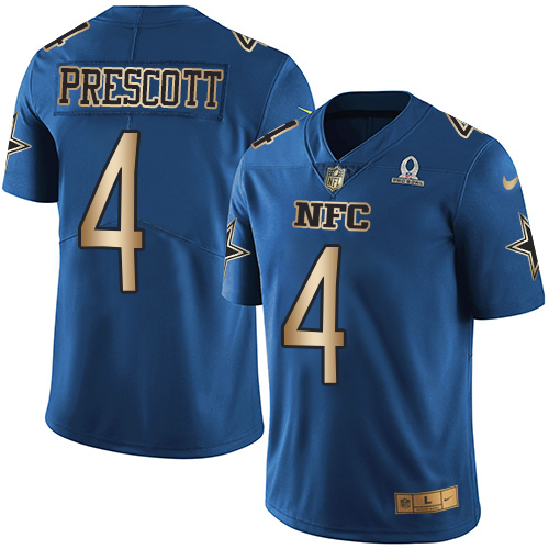 Cowboys #4 Dak Prescott Navy Youth Stitched Limited Gold NFC 2017 Pro Bowl Jersey