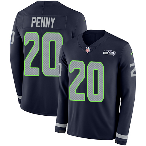 Seattle Seahawks #20 Rashaad Penny Steel Blue Team Color Men's Stitched Limited Therma Long Sleeve Jersey Men's