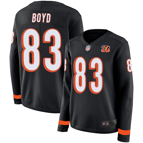 Bengals #83 Tyler Boyd Team Color Super Bowl LVI Patch Women's Stitched Limited Therma Long Sleeve Jersey