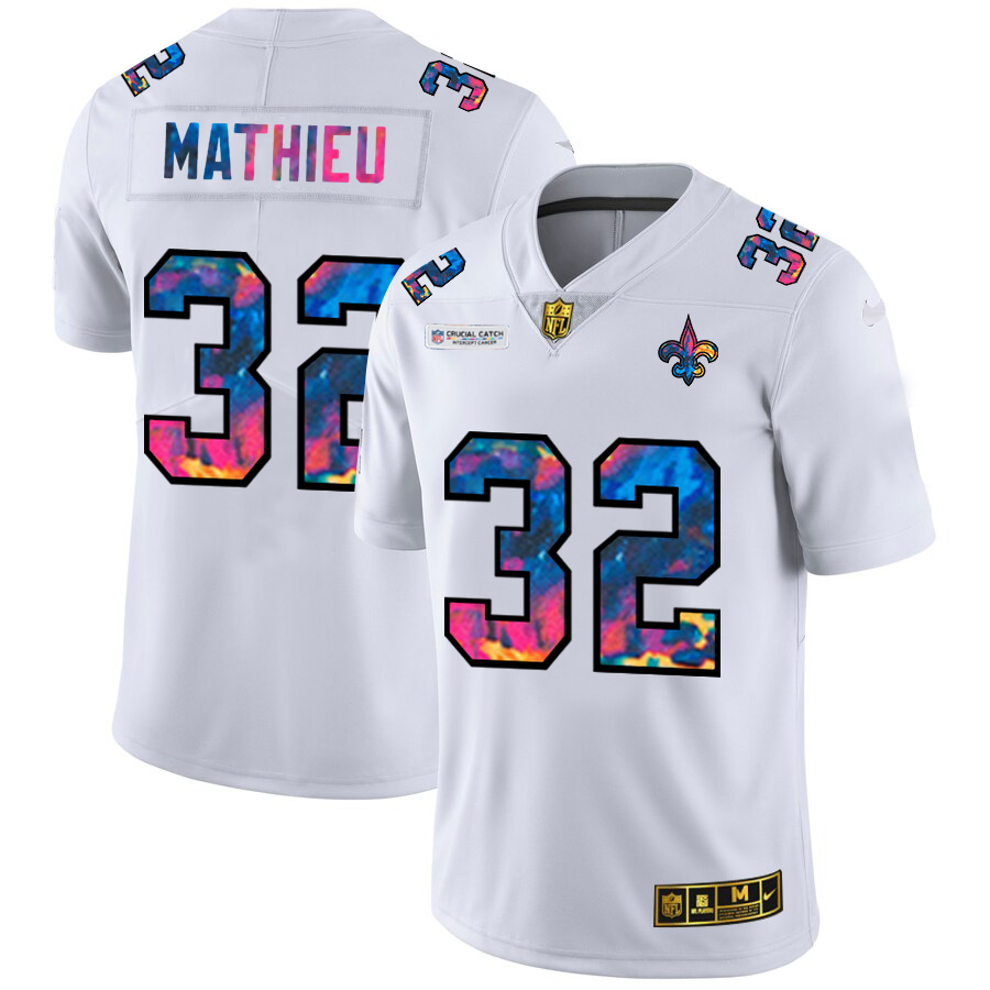 New Orleans Saints #32 Tyrann Mathieu Men's White Multi-Color 2020 Crucial Catch Limited Jersey