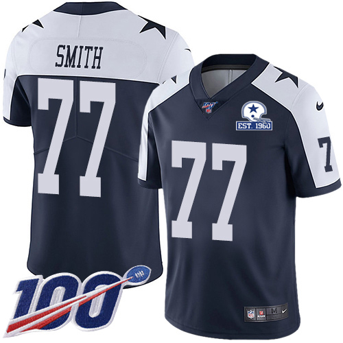 Dallas Cowboys #77 Tyron Smith Navy Blue Thanksgiving Men's Stitched With Established In 1960 Patch 100th Season Vapor Untouchable Limited Throwba