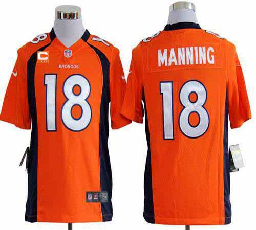 Broncos #18 Peyton Manning Orange Team Color With C Patch Men's Stitched Game Jersey