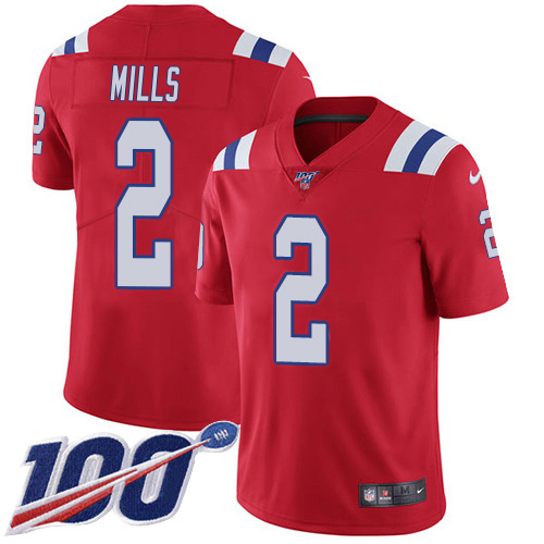 Patriots #2 Jalen Mills Red Alternate Youth Stitched 100th Season Vapor Limited Jersey