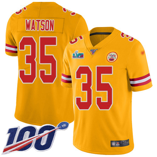 Chiefs #35 Jaylen Watson Gold Super Bowl LVII Patch Youth Stitched Limited Inverted Legend 100th Season Jersey