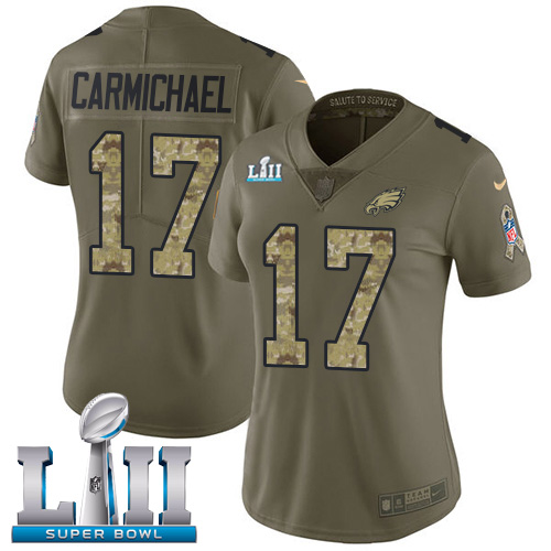 Philadelphia Eagles #17 Harold Carmichael Olive/Camo Super Bowl LII Women's Stitched Limited 2017 Salute to Service Jersey Womens