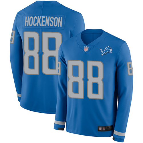 Detroit Lions #88 T.J. Hockenson Blue Team Color Men's Stitched Limited Therma Long Sleeve Jersey Men's