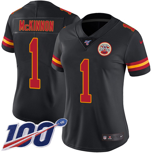 Chiefs #1 Jerick McKinnon Black Women's Stitched Limited Rush 100th Season Jersey