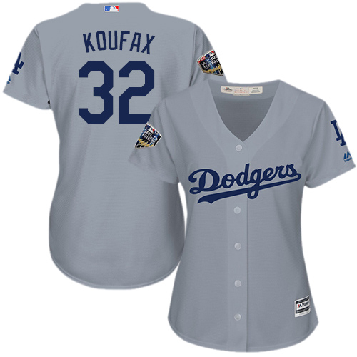 Los Angeles Dodgers #32 Sandy Koufax Grey Alternate Road 2018 World Series Women's Stitched Jersey Womens