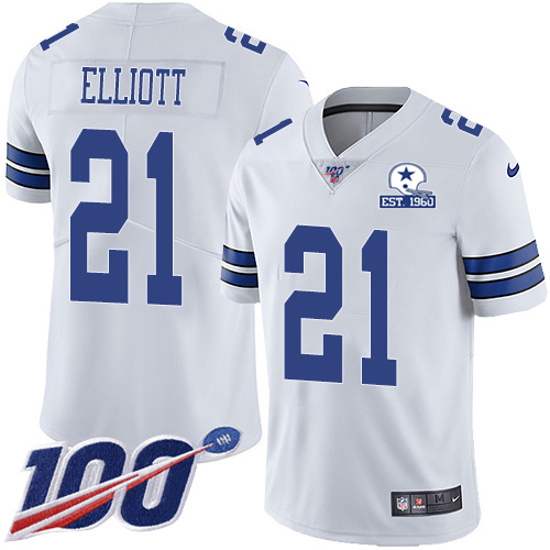 Cowboys #21 Ezekiel Elliott White Men's Stitched With Established In 1960 Patch 100th Season Vapor Untouchable Limited Jersey