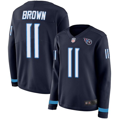 Tennessee Titans #11 A.J. Brown Navy Blue Team Color Women's Stitched Limited Therma Long Sleeve Jersey Womens