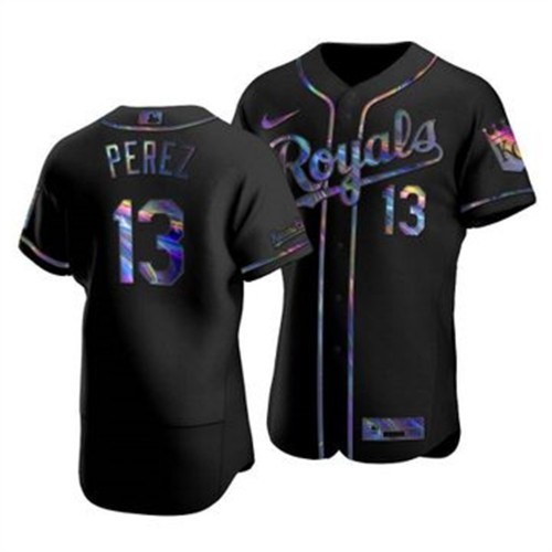 Kansas City Kansas City Royals #13 Salvador Perez Men's Iridescent Holographic Collection Jersey - Black Men's