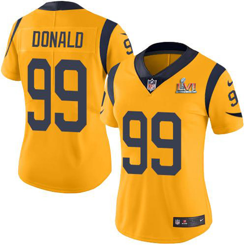 Rams #99 Aaron Donald White Super Bowl LVI Patch Women's Stitched Vapor Untouchable Limited Jersey