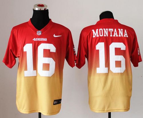 49ers #16 Joe Montana Red/Gold Men's Stitched Elite Fadeaway Fashion Jersey