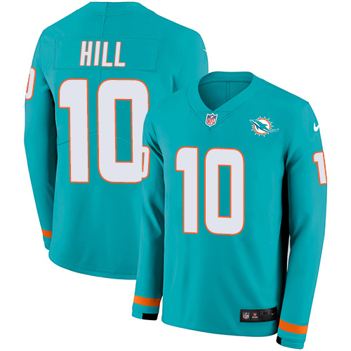Dolphins #10 Tyreek Hill Aqua Green Team Color Youth Stitched Limited Therma Long Sleeve Jersey