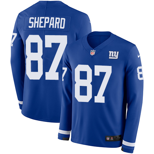 New York Giants #87 Sterling Shepard Royal Blue Team Color Men's Stitched Limited Therma Long Sleeve Jersey Men's