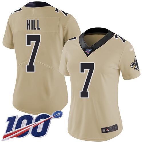 Saints #7 Taysom Hill Gold Women's Stitched Limited Inverted Legend 100th Season Jersey