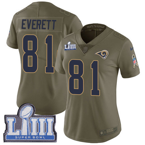 Los Angeles Rams #81 Gerald Everett Olive Super Bowl LIII Bound Women's Stitched Limited 2017 Salute to Service Jersey Womens