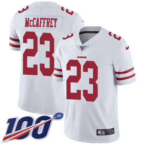 49ers #23 Christian McCaffrey White Youth Stitched 100th Season Vapor Limited Jersey