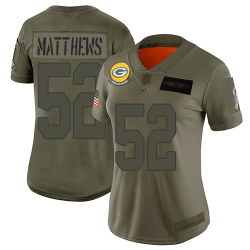 Green Bay Packers #52 Clay Matthews Camo Women's Stitched Limited 2019 Salute to Service Jersey Womens