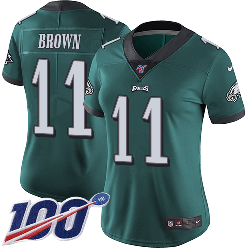 Eagles #11 A.J. Brown Green Team Color Women's Stitched 100th Season Vapor Untouchable Limited Jersey
