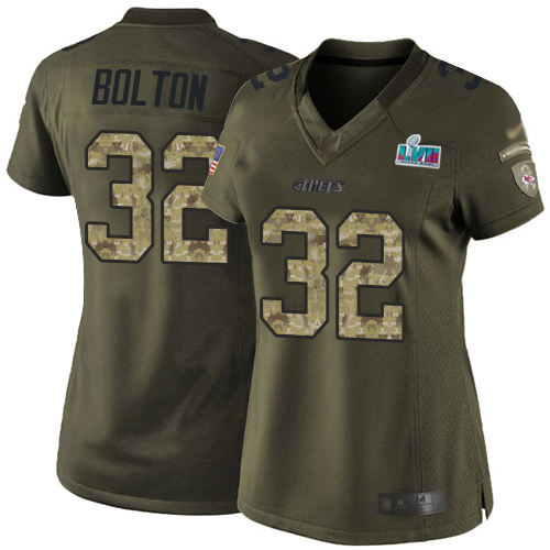 Chiefs #32 Nick Bolton Green Super Bowl LVII Patch Women's Stitched Limited 2015 Salute To Service Jersey