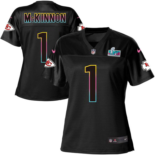 Chiefs #1 Jerick McKinnon Black Super Bowl LVII Patch Women's Fashion Game Jersey