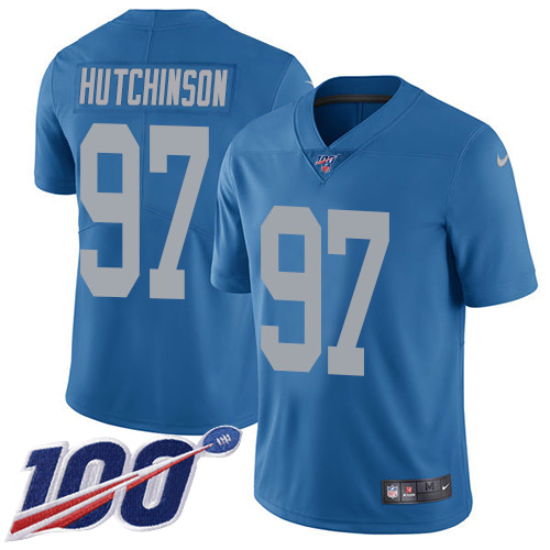 Lions #97 Aidan Hutchinson Blue Throwback Men's Stitched 100th Season Vapor Untouchable Limited Jersey