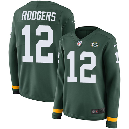 Packers #12 Aaron Rodgers Green Team Color Women's Stitched Limited Therma Long Sleeve Jersey
