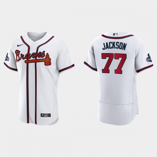 Atlanta Atlanta Braves #77 Luke Jackson Men's 2021 World Series Champions Patch Authentic Player Jersey - White Men's