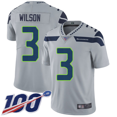 Seattle Seahawks #3 Russell Wilson Grey Alternate Men's Stitched 100th Season Vapor Limited Jersey Men's