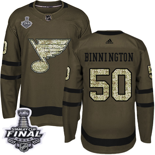 Adidas St. Louis Blues #50 Jordan Binnington Green Salute to Service 2019 Stanley Cup Final Stitched Jersey Men's