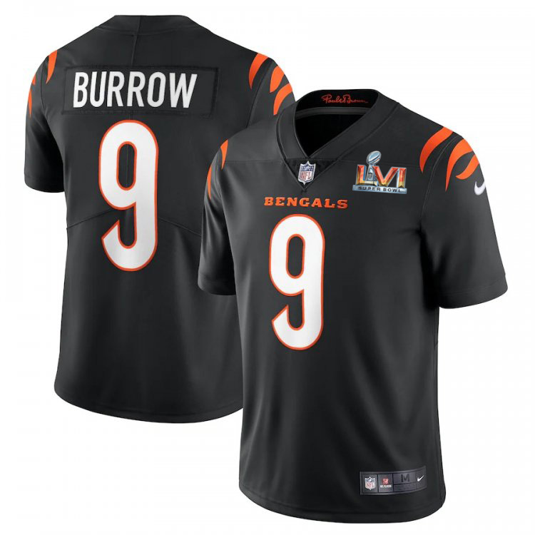 Cincinnati Bengals #9 Joe Burrow Black Super Bowl LVI Patch Men's Vapor Limited Jersey