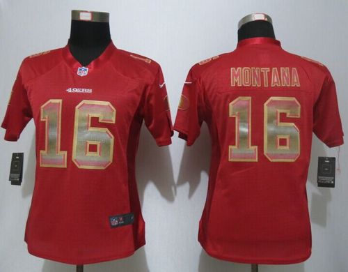49ers #16 Joe Montana Red Team Color Women's Stitched Elite Strobe Jersey