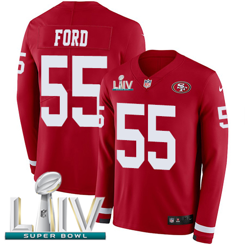 San Francisco 49ers #55 Dee Ford Red Super Bowl LIV 2020 Team Color Men's Stitched Limited Therma Long Sleeve Jersey Men's