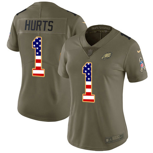 Eagles #1 Jalen Hurts Olive/USA Flag Women's Stitched Limited 2017 Salute To Service Jersey