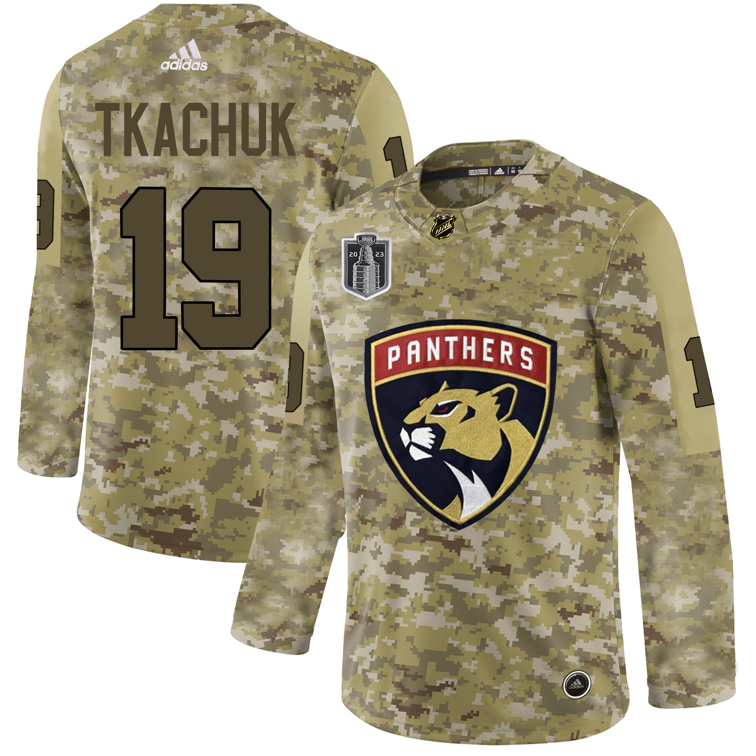 Adidas Panthers #19 Matthew Tkachuk Camo 2023 Stanley Cup Final Patch Authentic Veterans Day Stitched Youth Jersey