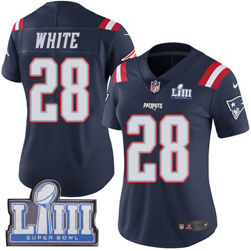 New England Patriots #28 James White Navy Blue Super Bowl LIII Bound Women's Stitched Limited Rush Jersey Womens