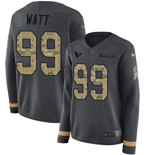 Houston Texans #99 J.J. Watt Anthracite Salute to Service Women's Stitched Limited Therma Long Sleeve Jersey Womens