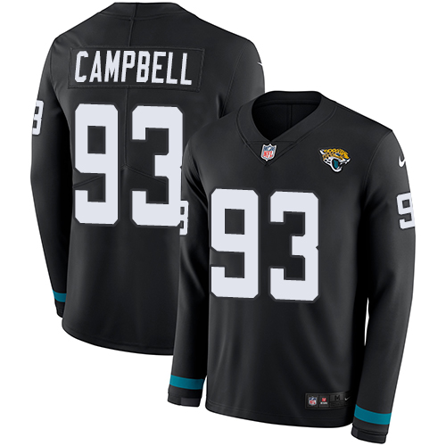 Jacksonville Jaguars #93 Calais Campbell Black Team Color Men's Stitched Limited Therma Long Sleeve Jersey Men's