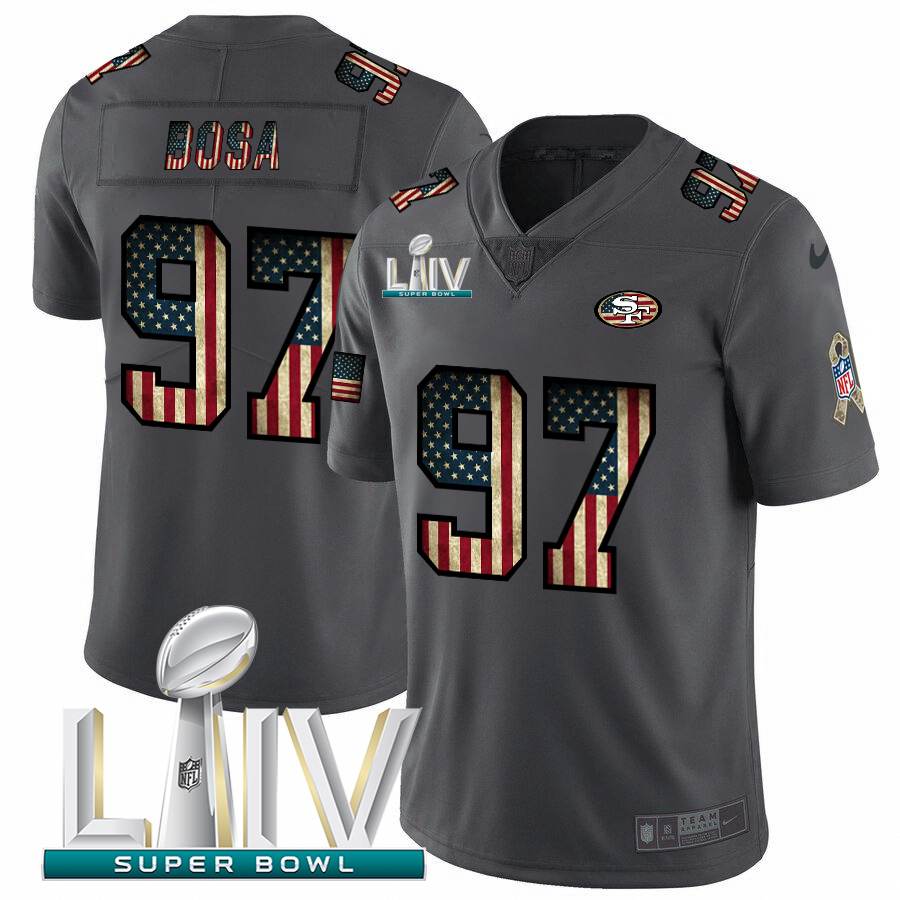San Francisco 49ers #97 Nick Bosa Black Super Bowl LIV 2020 2018 Salute To Service Retro USA Flag Limited Jersey