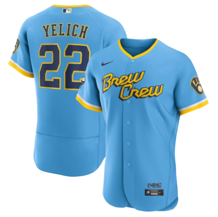 Men's Milwaukee Brewers #22 Christian Yelich Powder Blue 2022 City Connect Authentic Player Jersey