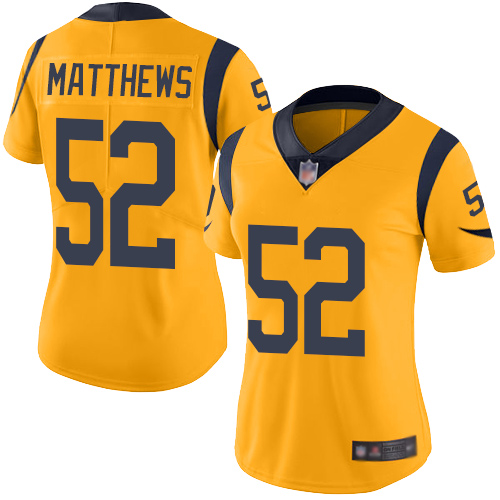 Los Angeles Rams #52 Clay Matthews Gold Women's Stitched Limited Rush Jersey Womens