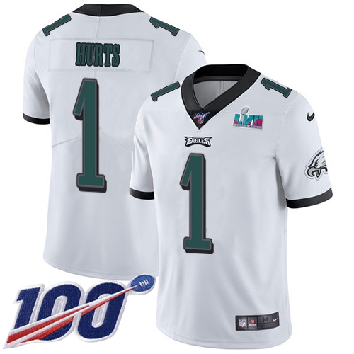Eagles #1 Jalen Hurts White Super Bowl LVII Patch Men's Stitched 100th Season Vapor Limited Jersey