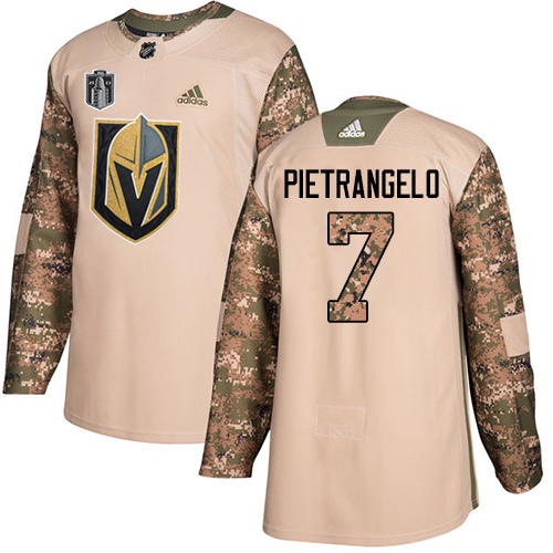 Adidas Golden Knights #7 Alex Pietrangelo Camo Authentic Youth 2023 Stanley Cup Final Patch Veterans Day Stitched Jersey