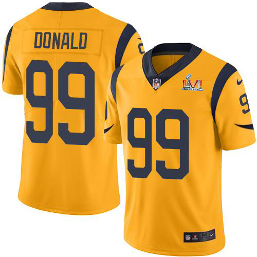 Rams #99 Aaron Donald Gold Super Bowl LVI Patch Men's Stitched Limited Rush Jersey