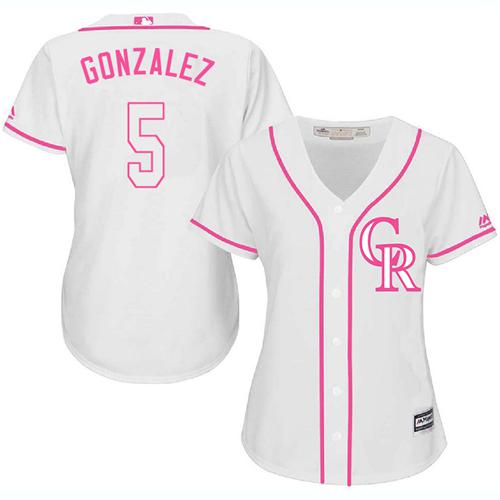 Colorado Rockies #5 Carlos Gonzalez White/Pink Fashion Women's Stitched Jersey Womens